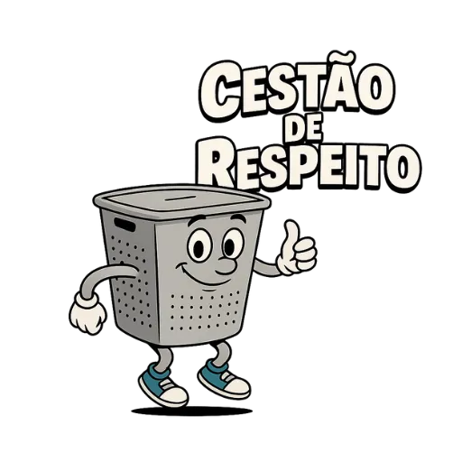 Mascote "Cestão de Respeito" da Lavanderia Acqua em Ariquemes. Desenho de um cesto de roupas cinza com braços e pernas fazendo sinal de positivo.